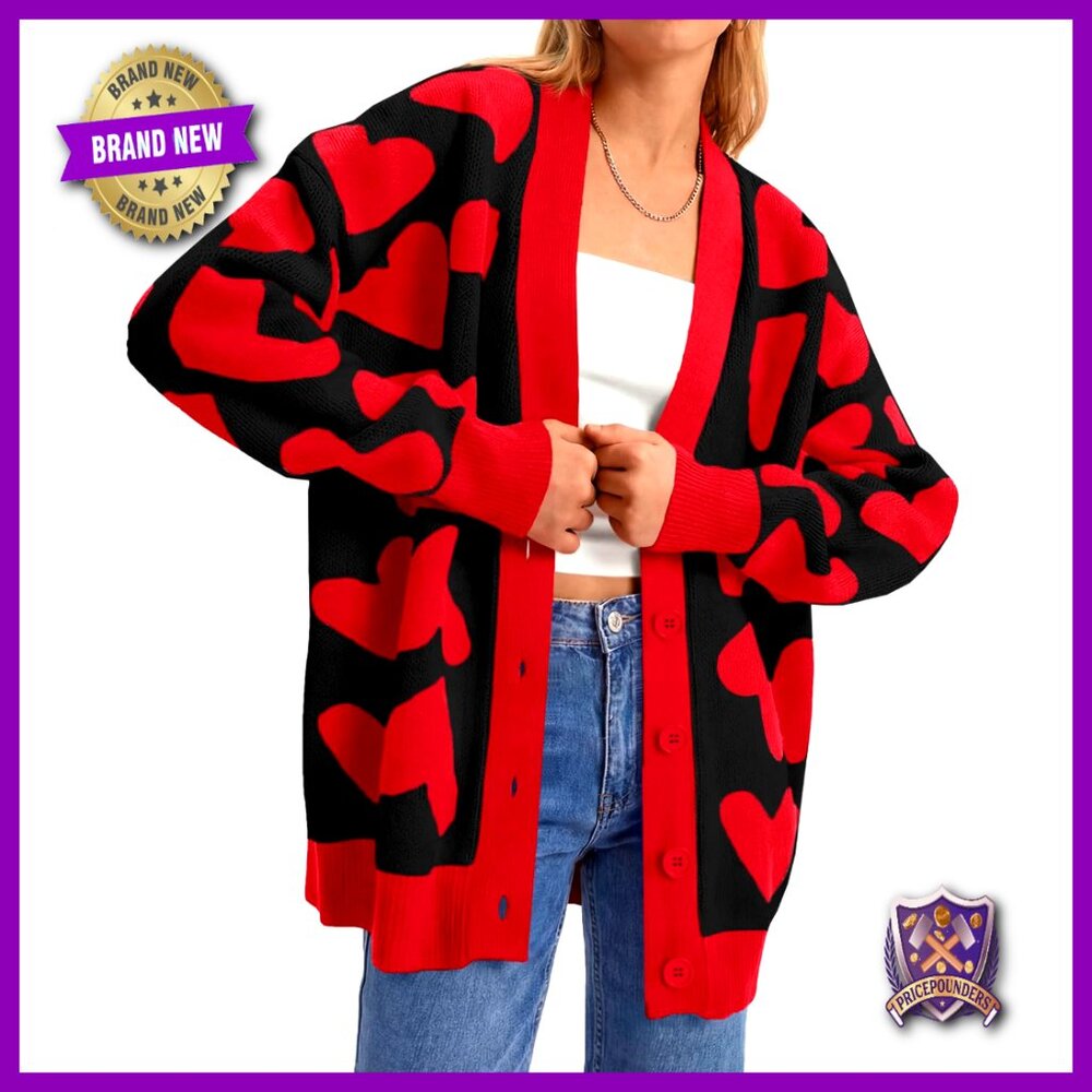 Oversized V-Neck Heart Print Cardigan, Chunky Knit, Button Up Winter Sweater